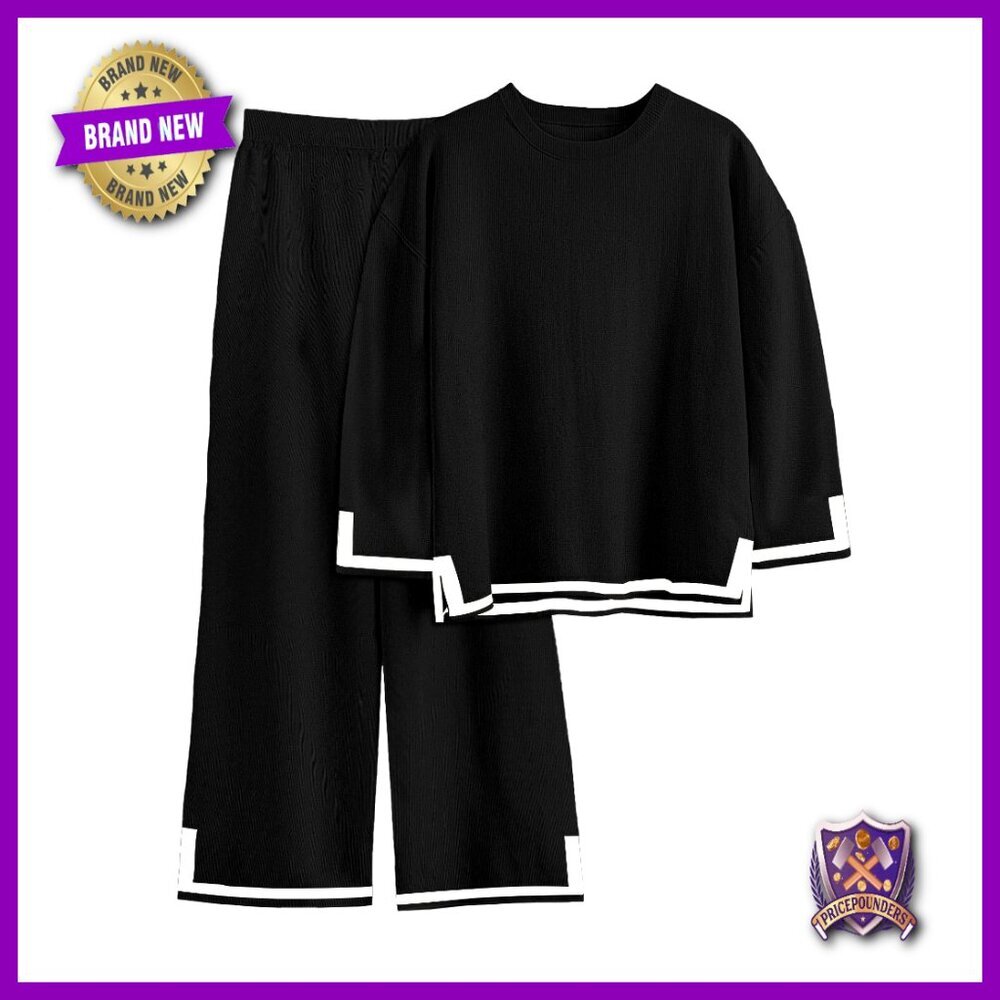 Plus Size Knit Lounge Set 2-Piece Pullover Top Wide Leg Pants
